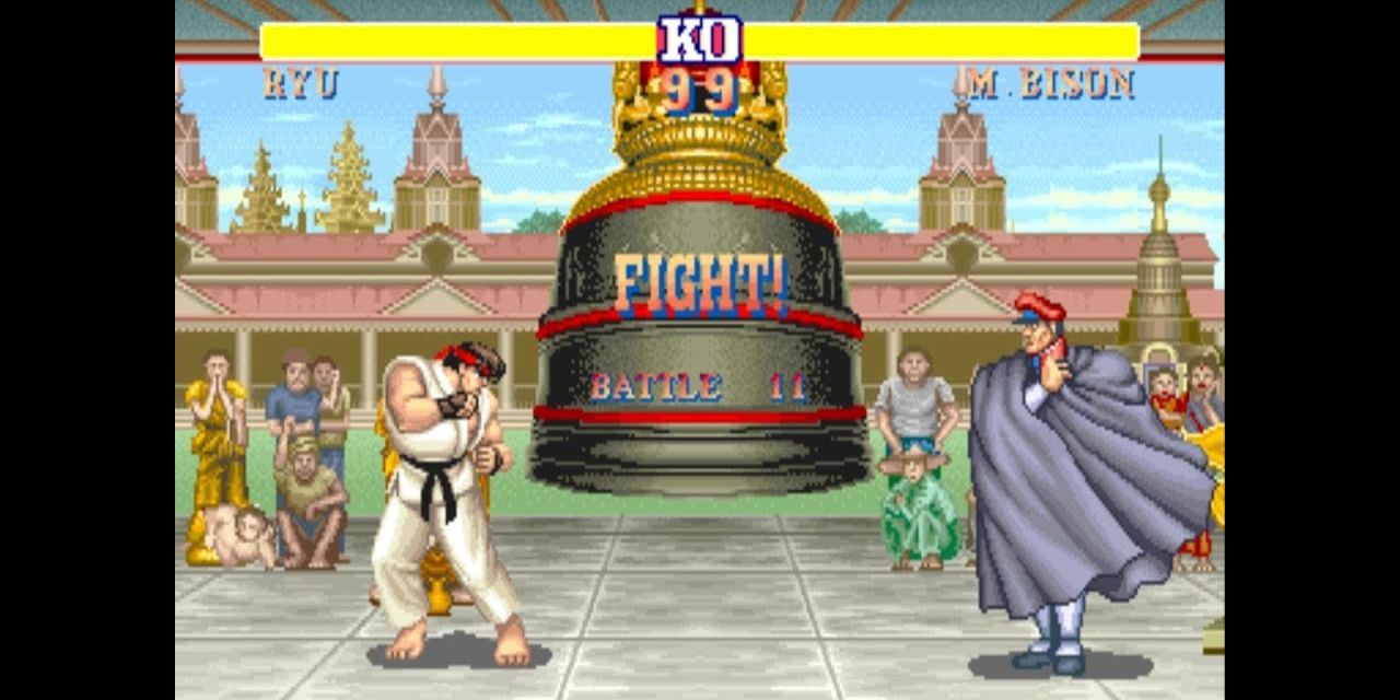 Ryu takes on M Bison in Street Fighter II