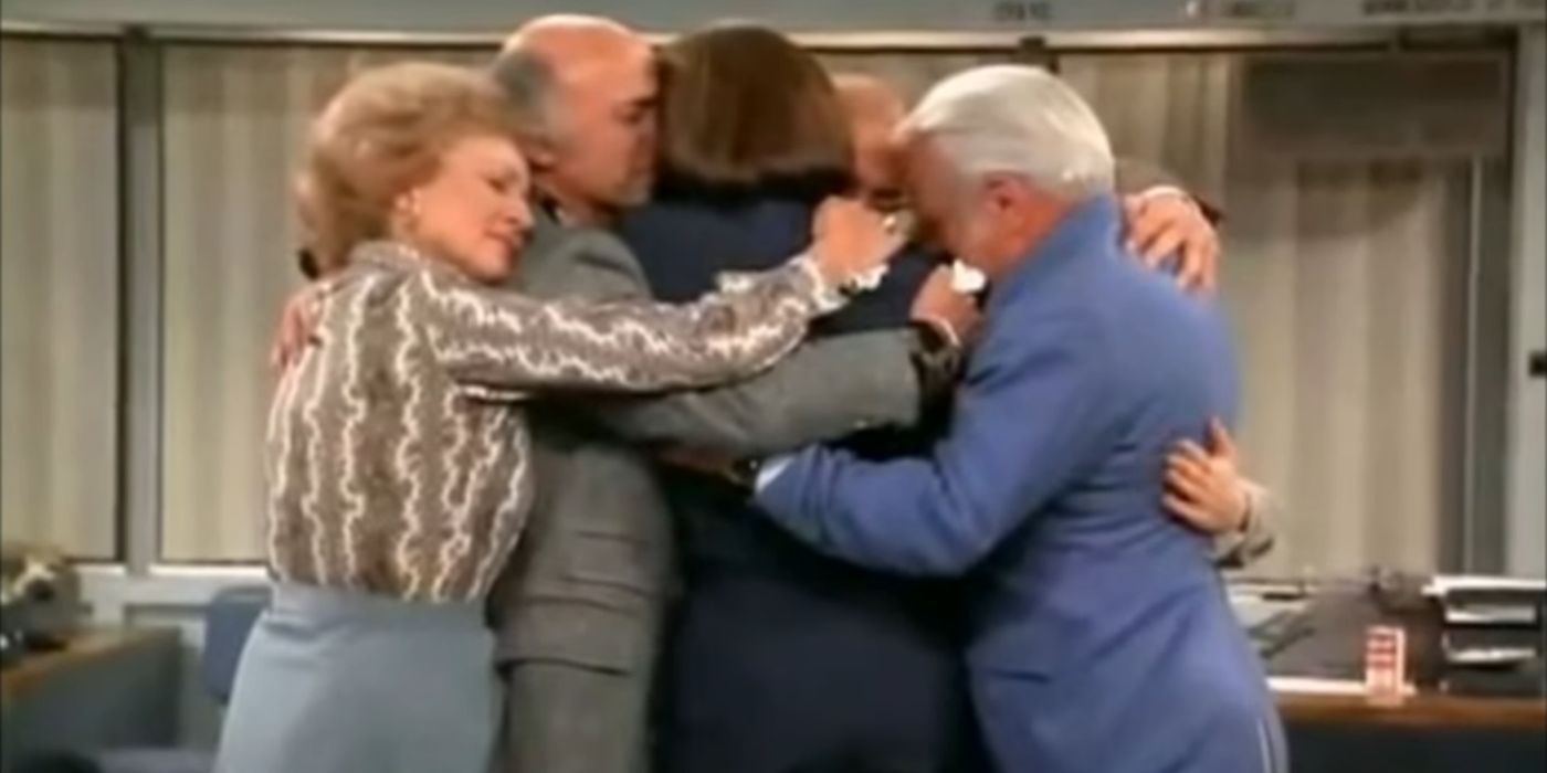The cast of the Mary Tyler Moore show hugging in its finale