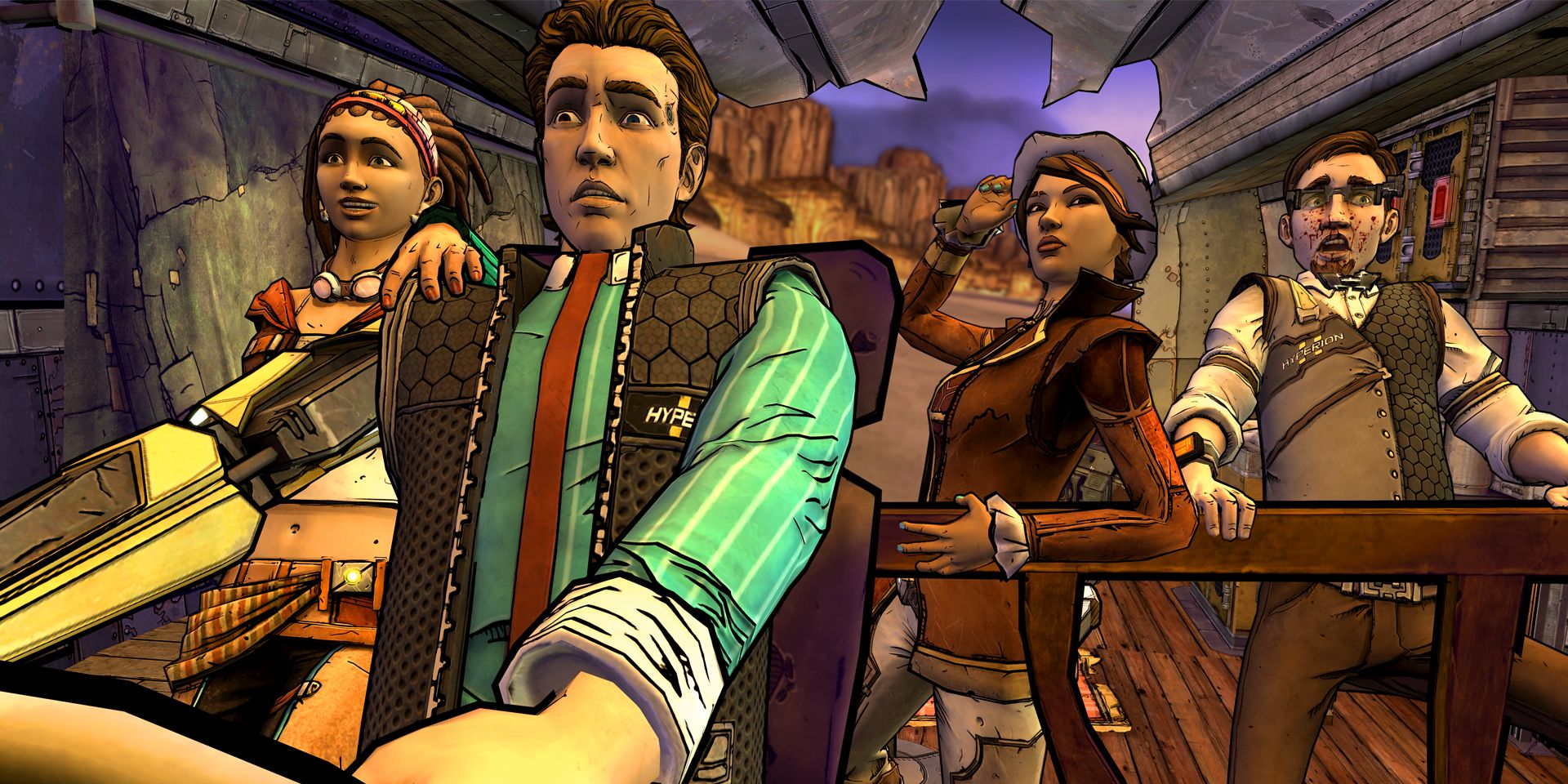 Sasha, Rhys, Fiona, and Vaughn struggle to drive in Tales from the Borderlands