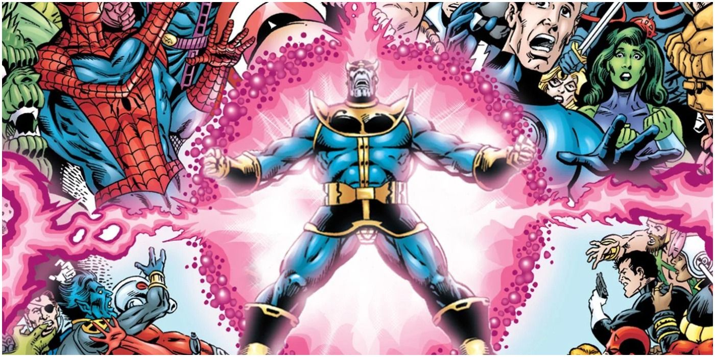 Thanos emanates a cosmic explosion that rocks the Marvel Universe.