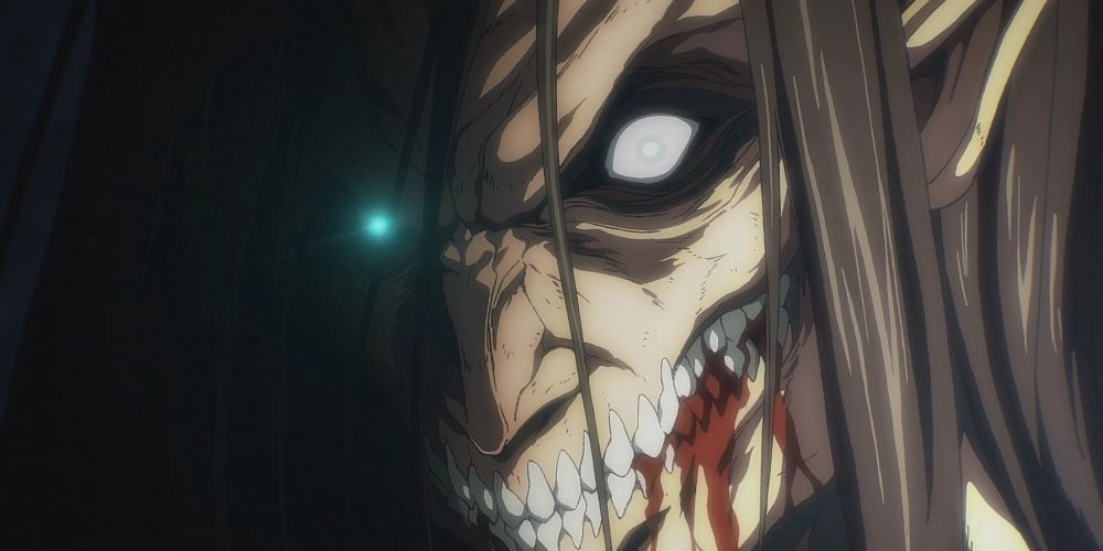 Eren Yeager's Attack Titan stares at crowd in Attack on Titan.