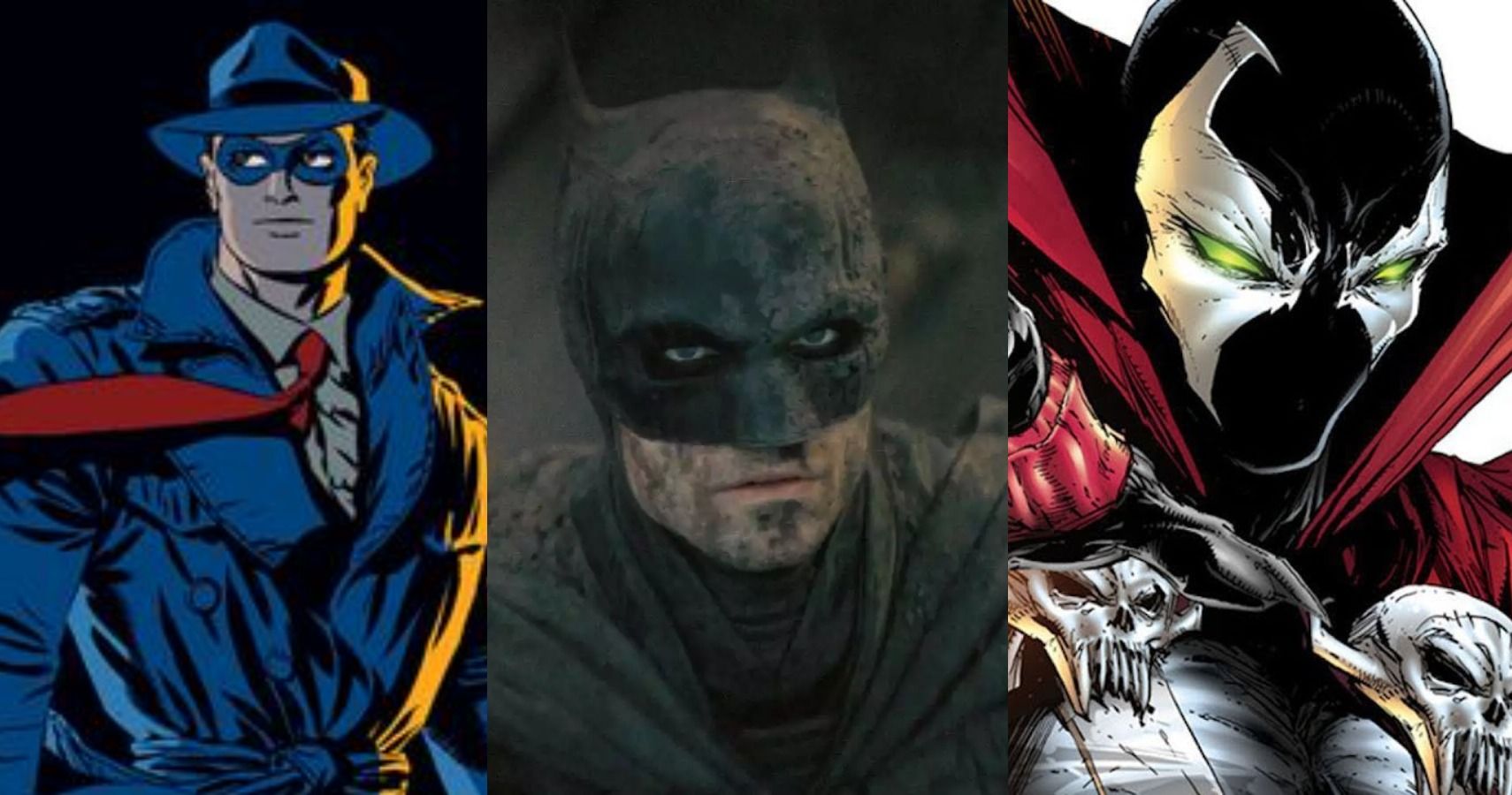 Robert Pattinson's Batman flanked by an image of The Spirit on the left and Spawn on the right.