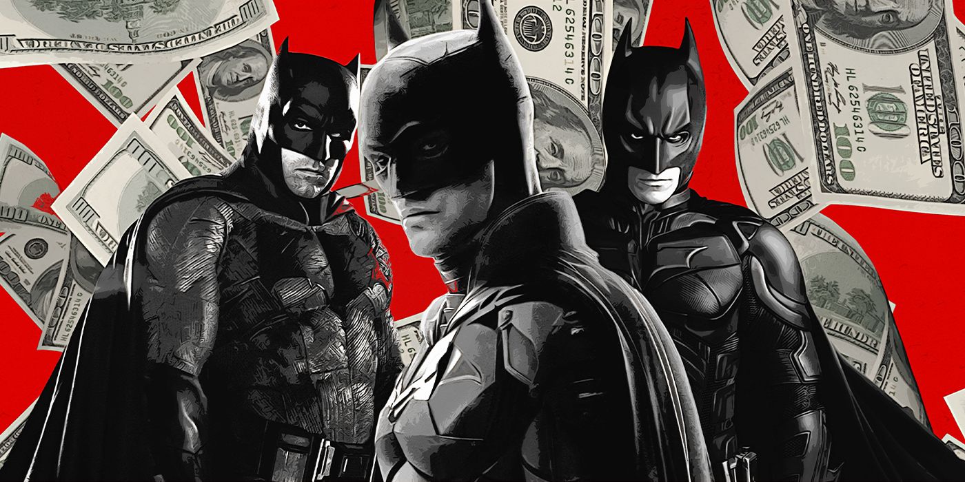 Three different actors portraying Batman, set against a background of free-floating $100 bills
