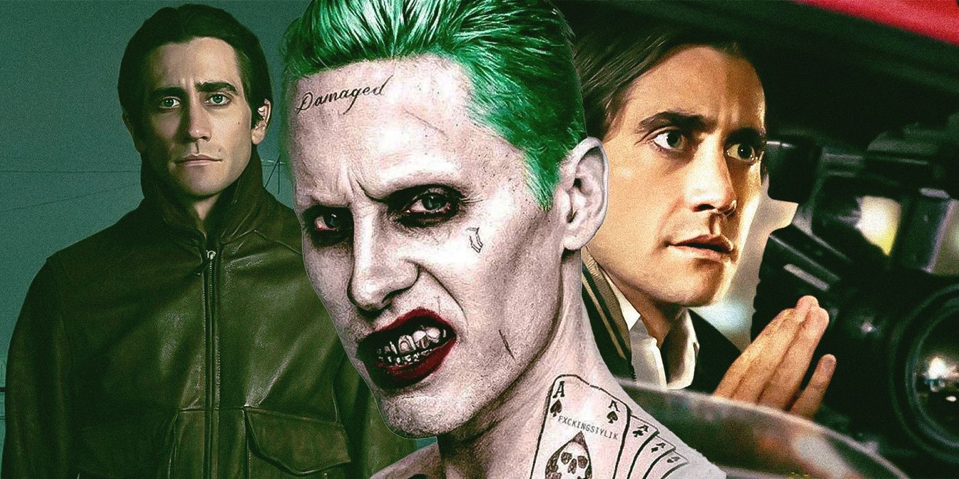 Jared Leto's Joker with images of Jake Gyllenhaal's Nightcrawler character in the background