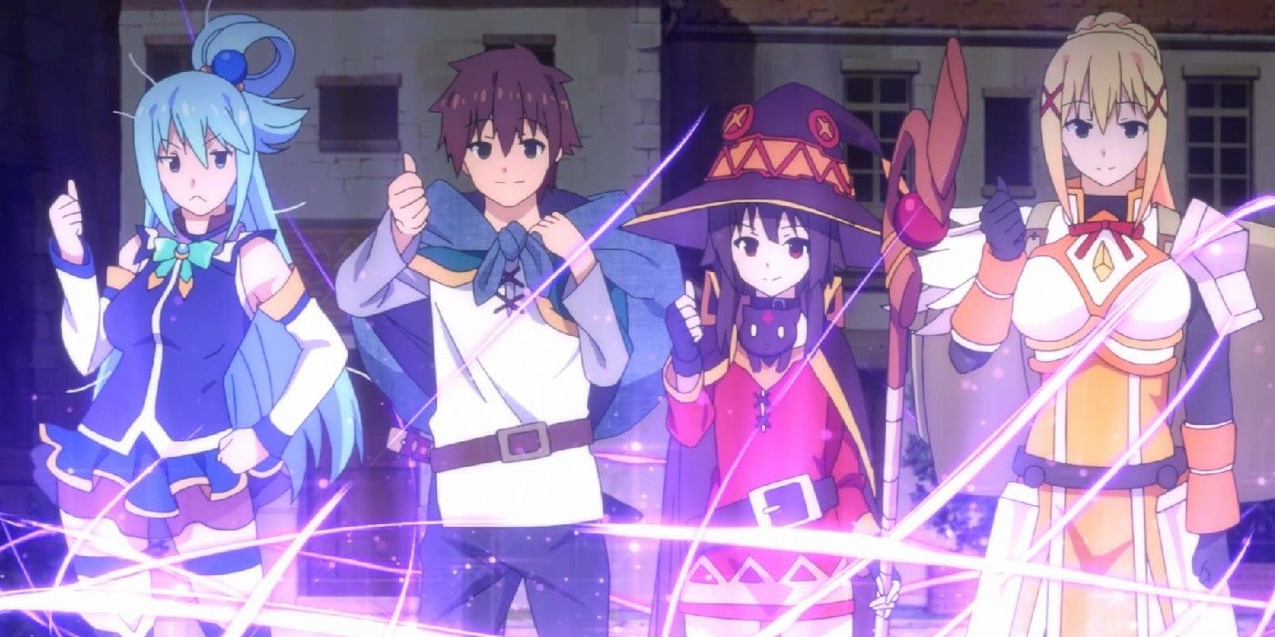 The gang flashes a thumbs-up in Konosuba.