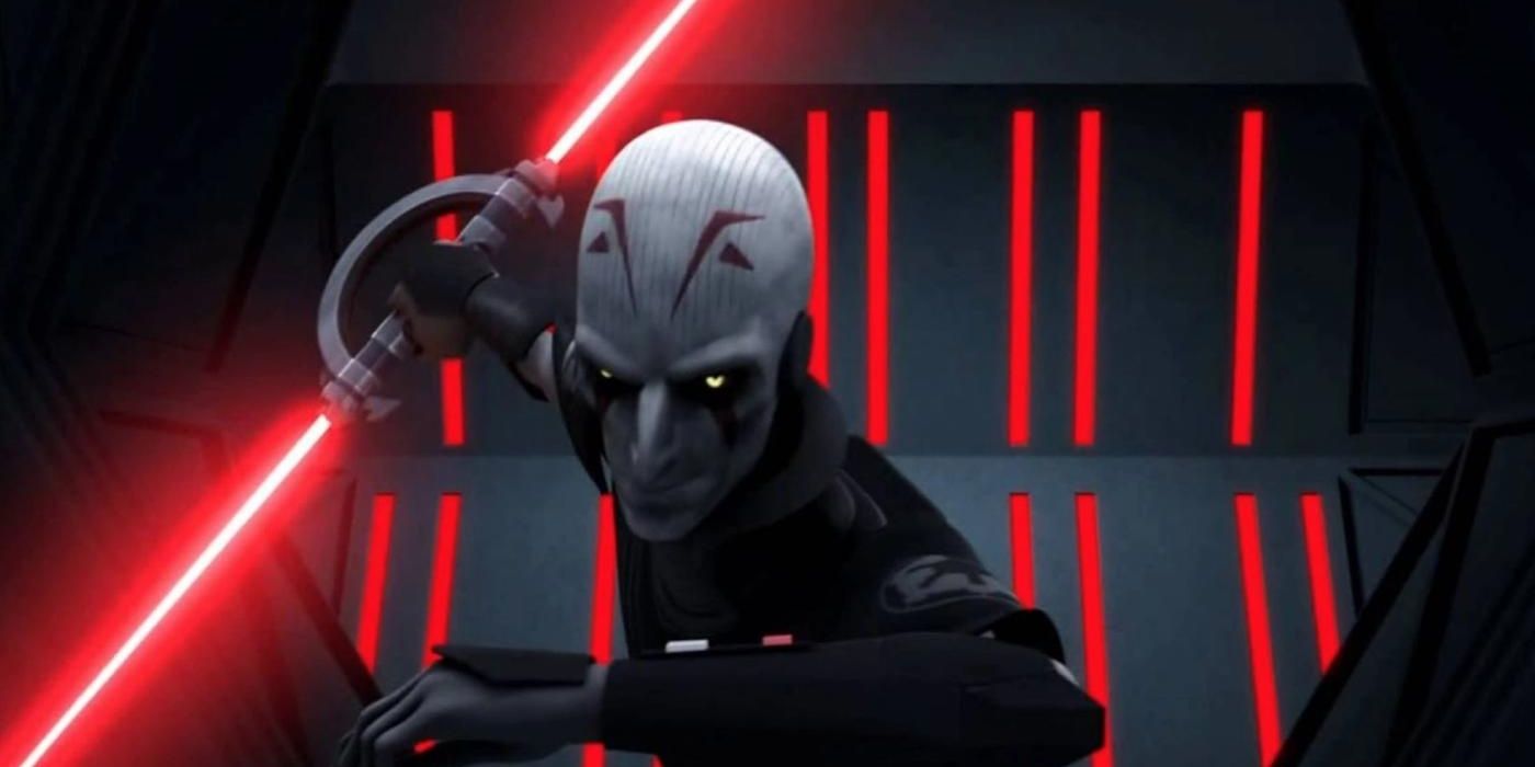 The Grand Inquisitor ready to fight with a red lightsaber in Star Wars Rebels