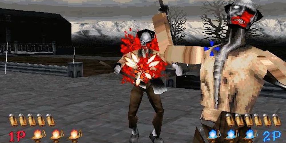 Eliminando zumbis com arma leve em Sega Saturn's The House of the Dead