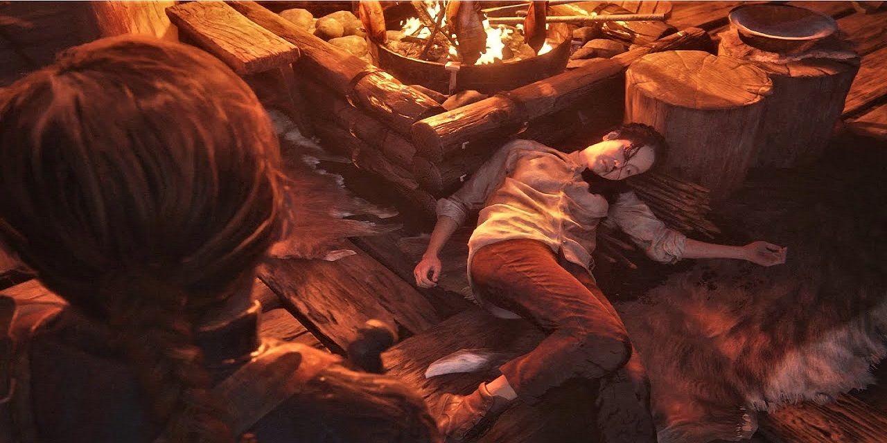 Abby olha para a mãe de Lev, morta no chão, em The Last of Us Part II