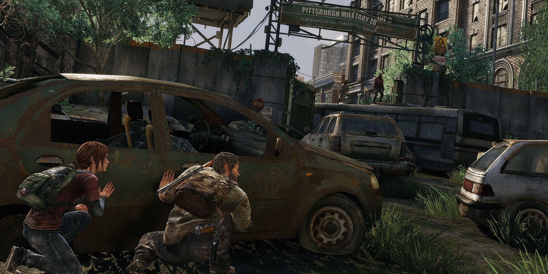 Ellie and Joel sneak alongside a vehicle while a guard is on lookout in The Last Of Us