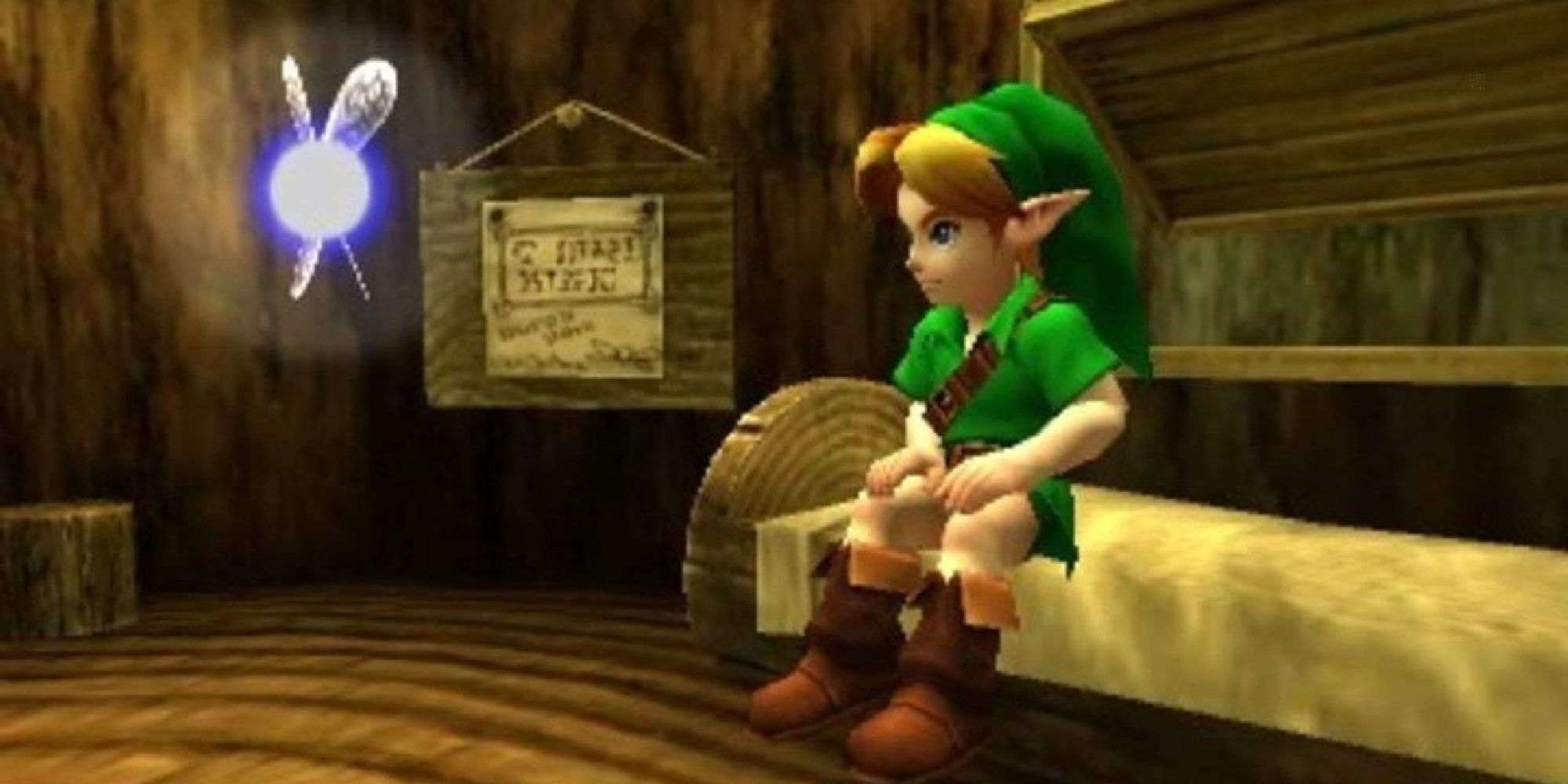 Navi and Link in Link's house in Kokiri Forest in The Legend Of Zelda: Ocarina of Time.