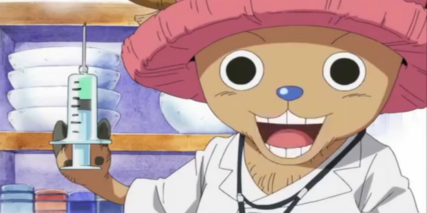 Tony Chopper in One Piece holding a syringe, wearing a doctor's coat.