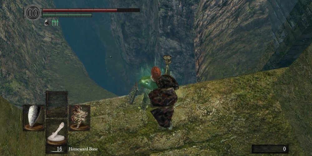 A player looking into the Valley of the Drakes from Dark Souls game