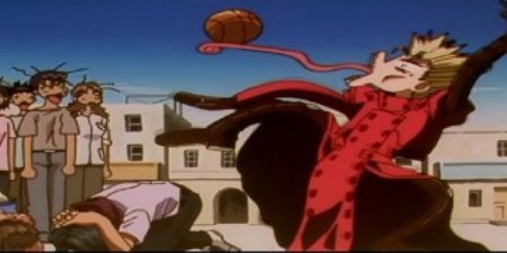 Anime Vash The Stampede Holding A Ball With His Tongue in Trigun