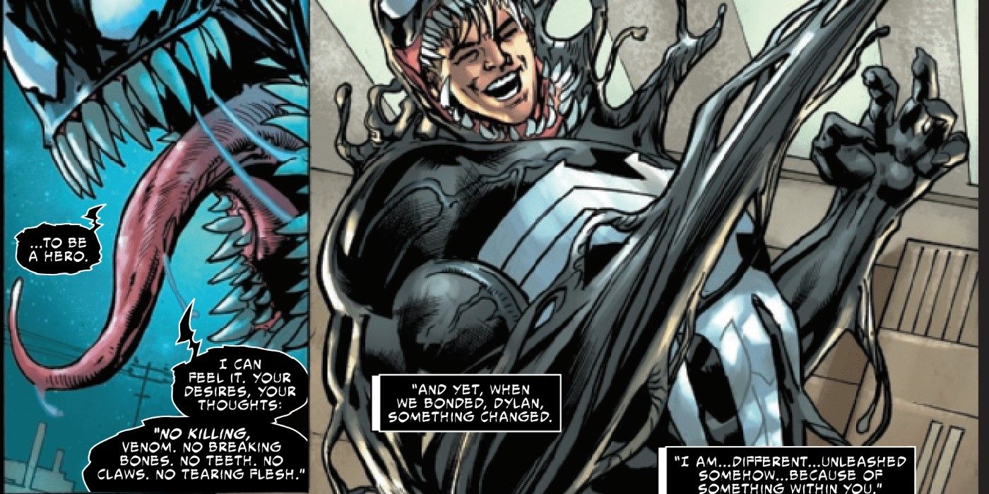 Dylan Brock laughing while bonded with the Venom symbiote