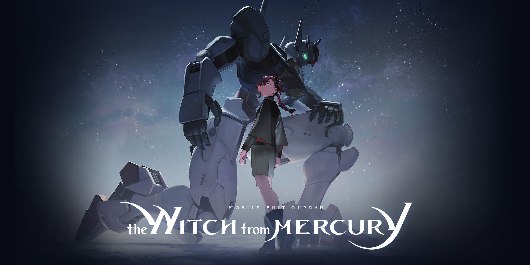The unnamed protagonist of Gundam: The Witch from Mercury, alongside her Gundam, 
