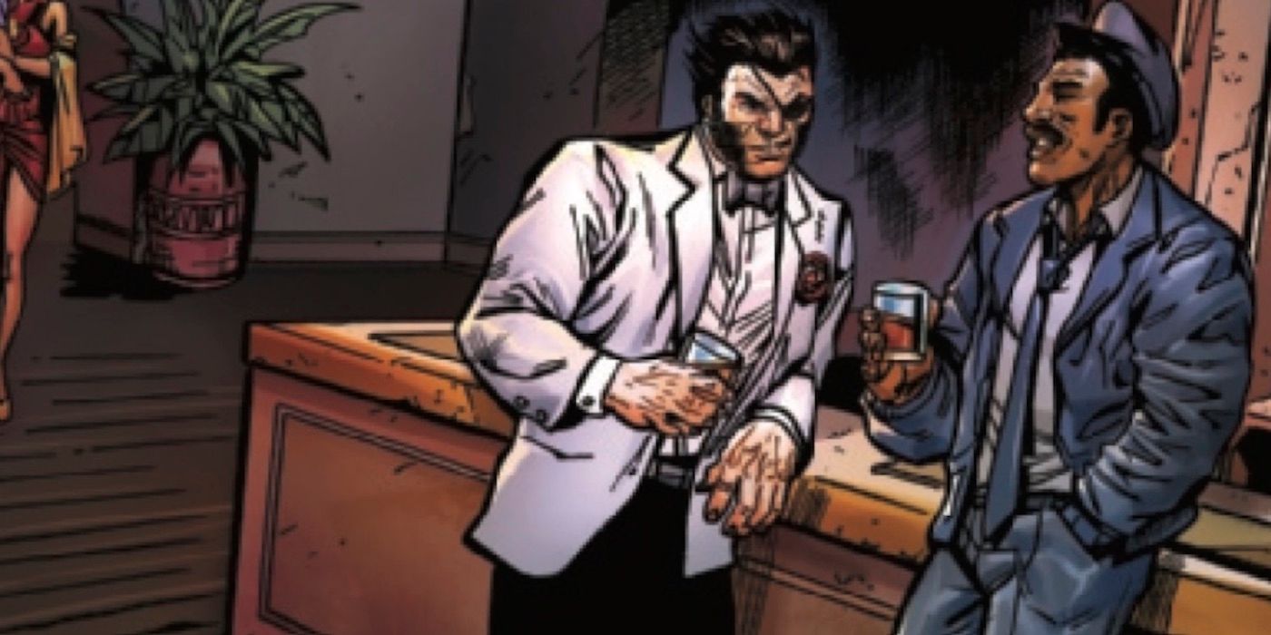 The X-Men's Wolverine as Patch, drinking at a bar in Marvel Comics