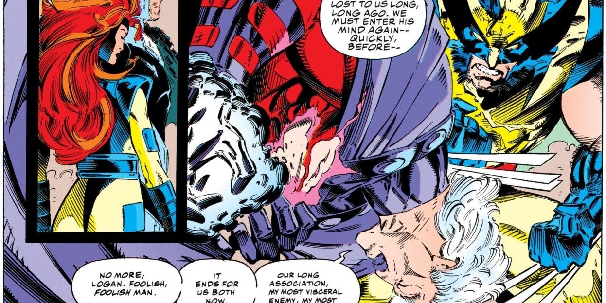 Wolverine injuring Magneto in Marvel Comics.