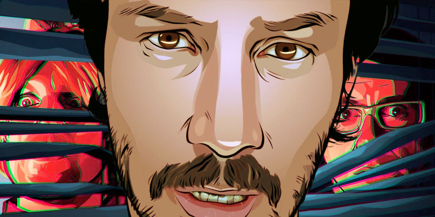 An animated Keanu Reeves looks down the camera.
