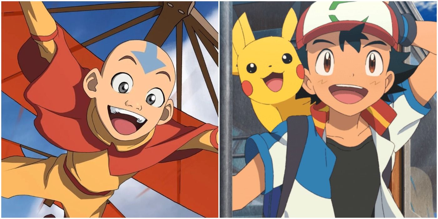 Aang on glider (left); Ash and Pikachu smiling (right)