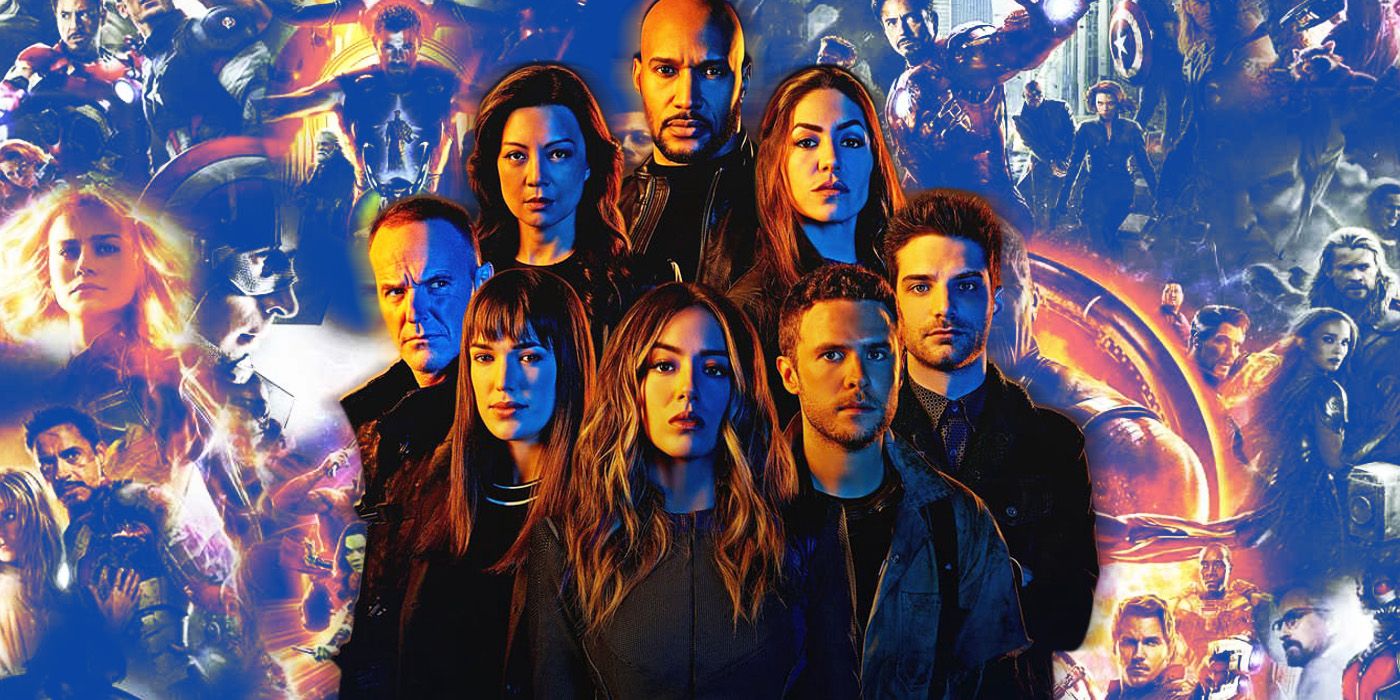 The Agents of SHIELD Season 6 cast surrounded by a collage of MCU posters.