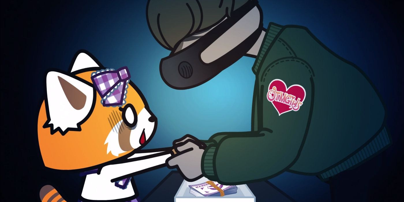 Retsuko being aggressively held by a toxic fan of OTMGirls in Aggretsuko.