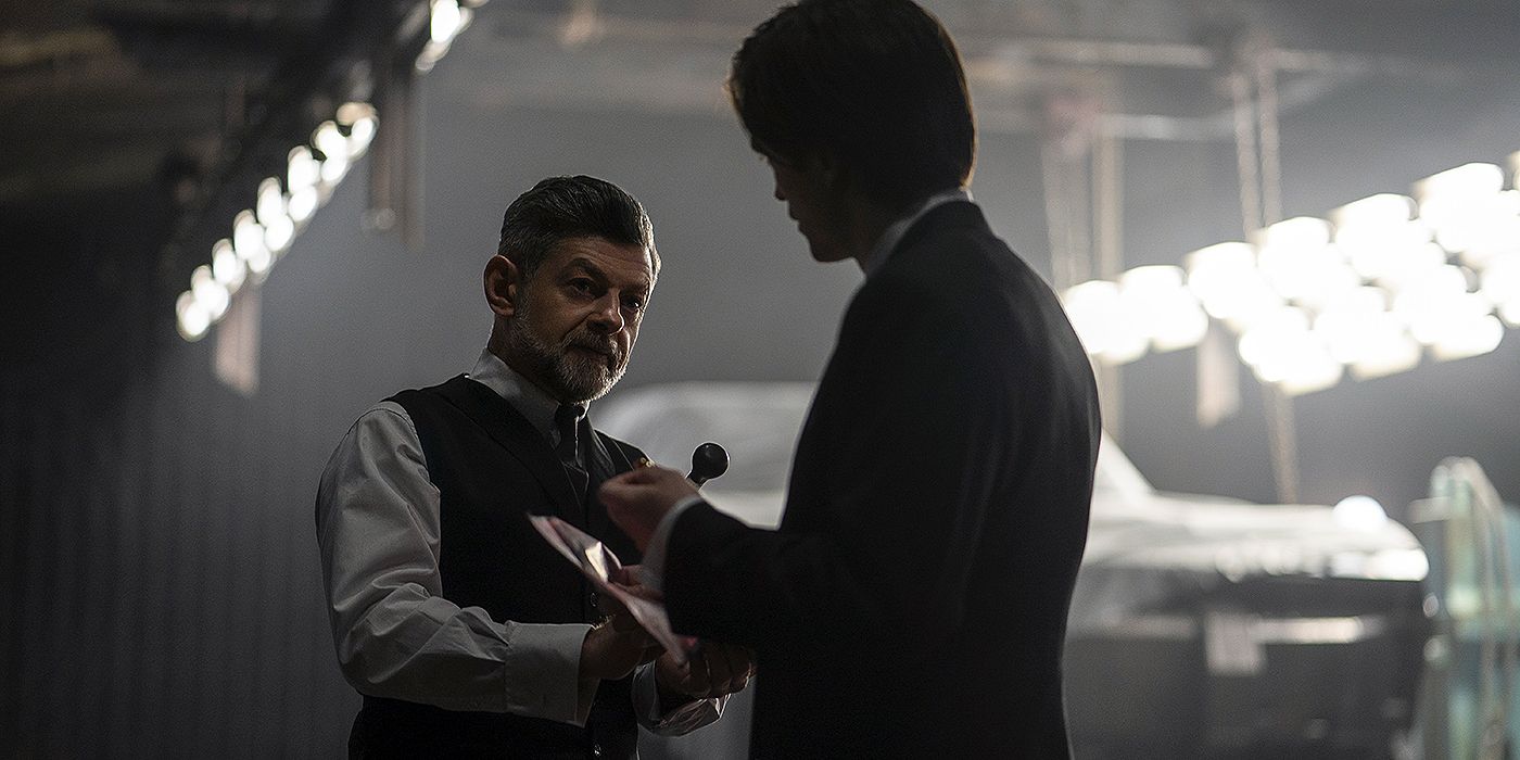 Andy Serkis as Alfred Pennyworth and Robert Pattinson as Bruce Wayne in The Batman