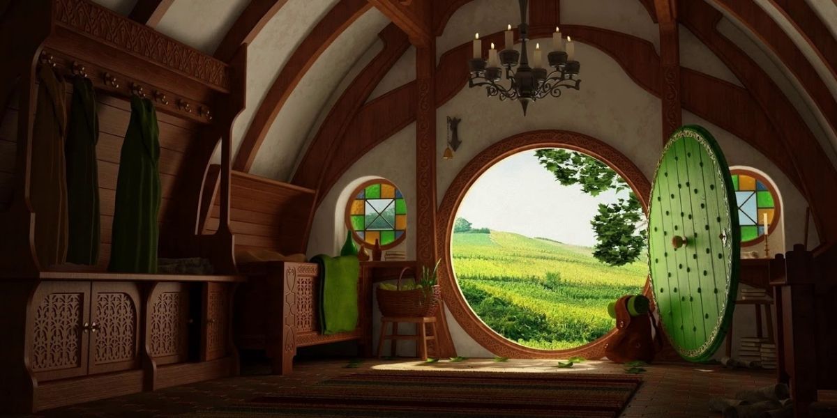 The Lord of the Rings Bag End door open, revealing bright green grass outside
