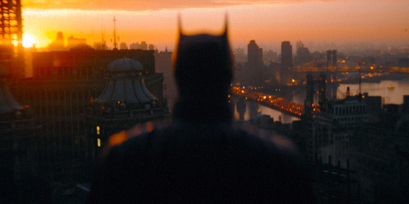 Robert Pattinson's Batman overlooks Gotham