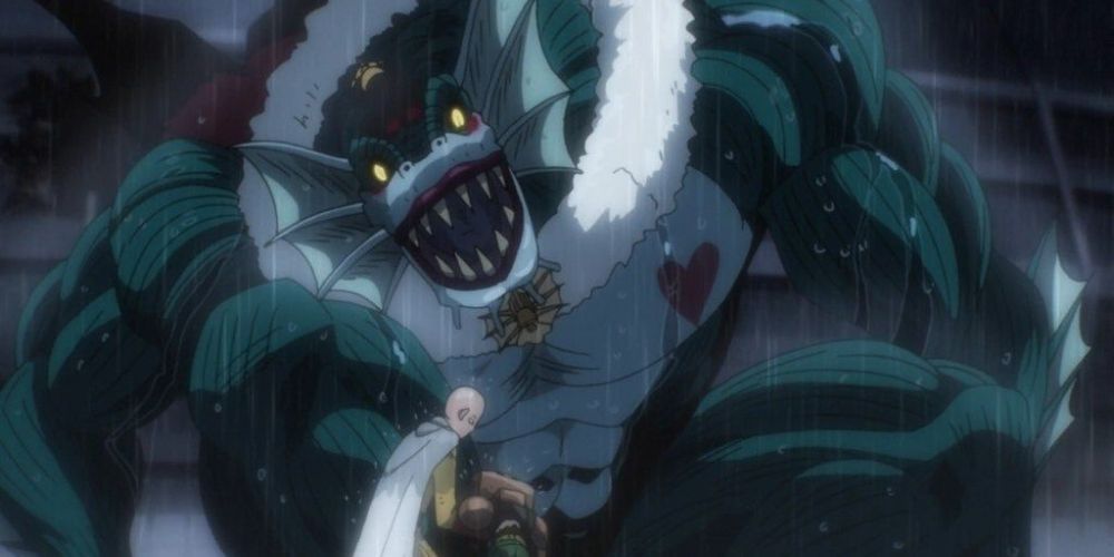 Saitama saves Mumen Rider from the Deep Sea King in One-Punch Man.