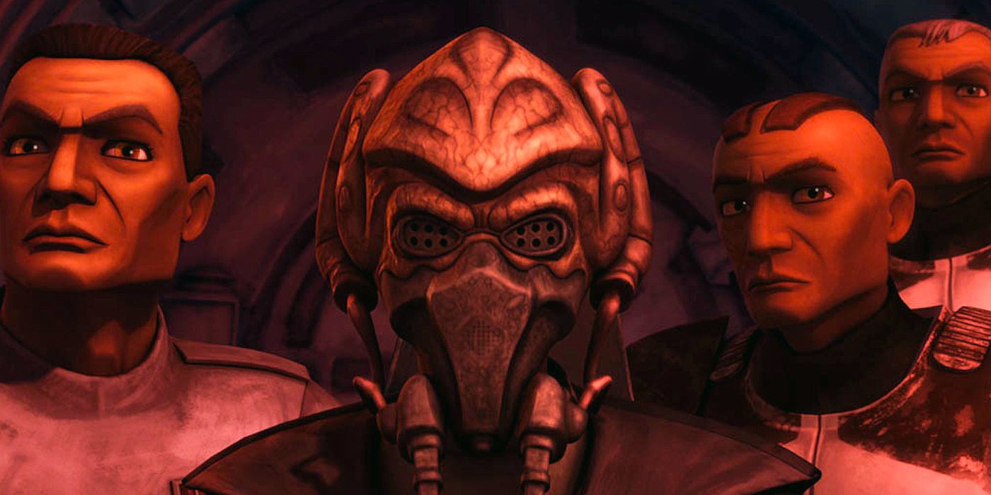Star Wars' Plo Koon surrounded by clone troopers with a red filter
