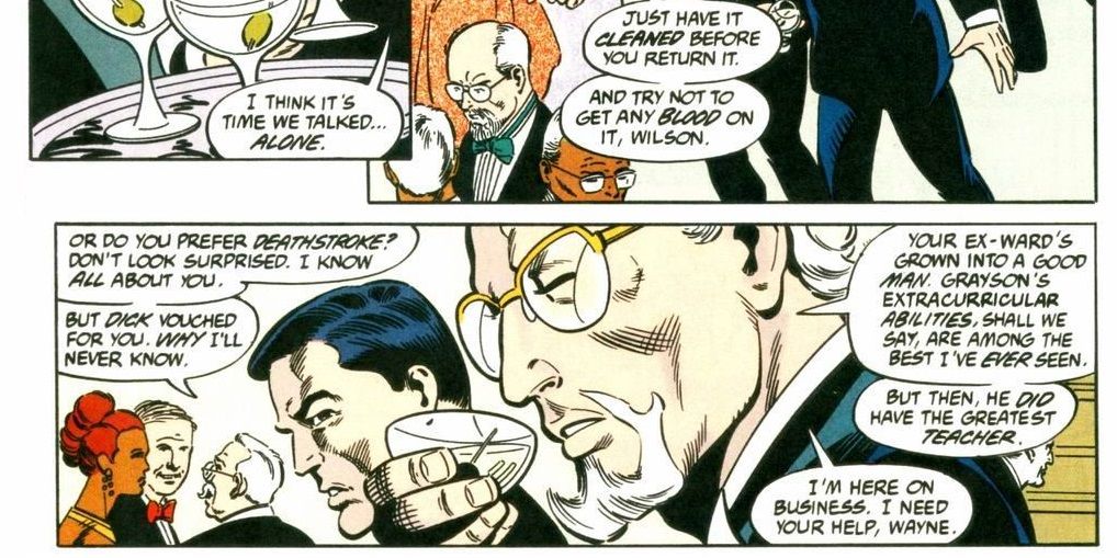 Slade Wilson and Bruce Wayne Talk at a fancy party