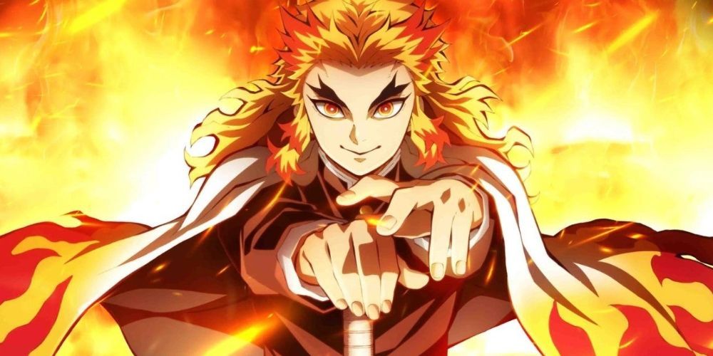 Rengoku the fire Hashira surrounded by flame in Demon Slayer.