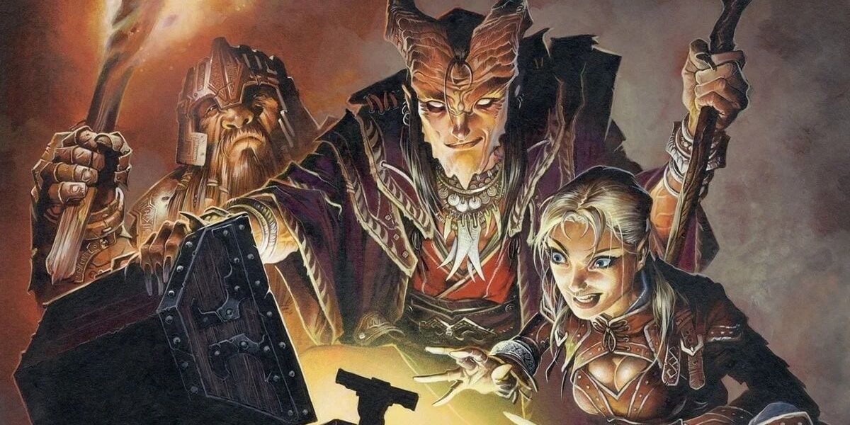 Three party members in Dungeons and Dragons open a chest with excitement.