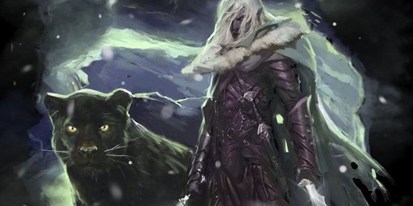 Forgotten Realms Drizzt Do'urden standing against a cave entrance