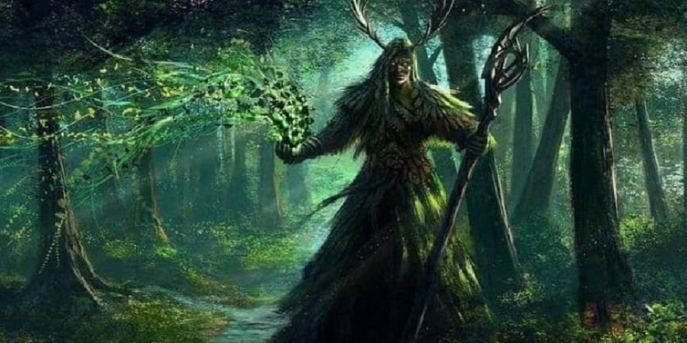 A druid casting in a dark forest in DnD