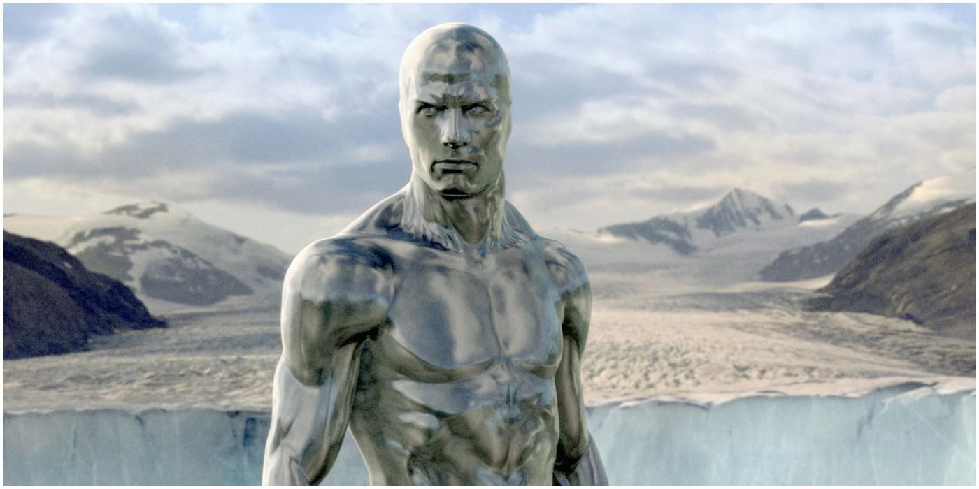 The Silver Surfer glares at an unseen threat in a still from Fantastic Four: Rise of the Silver Surfer.