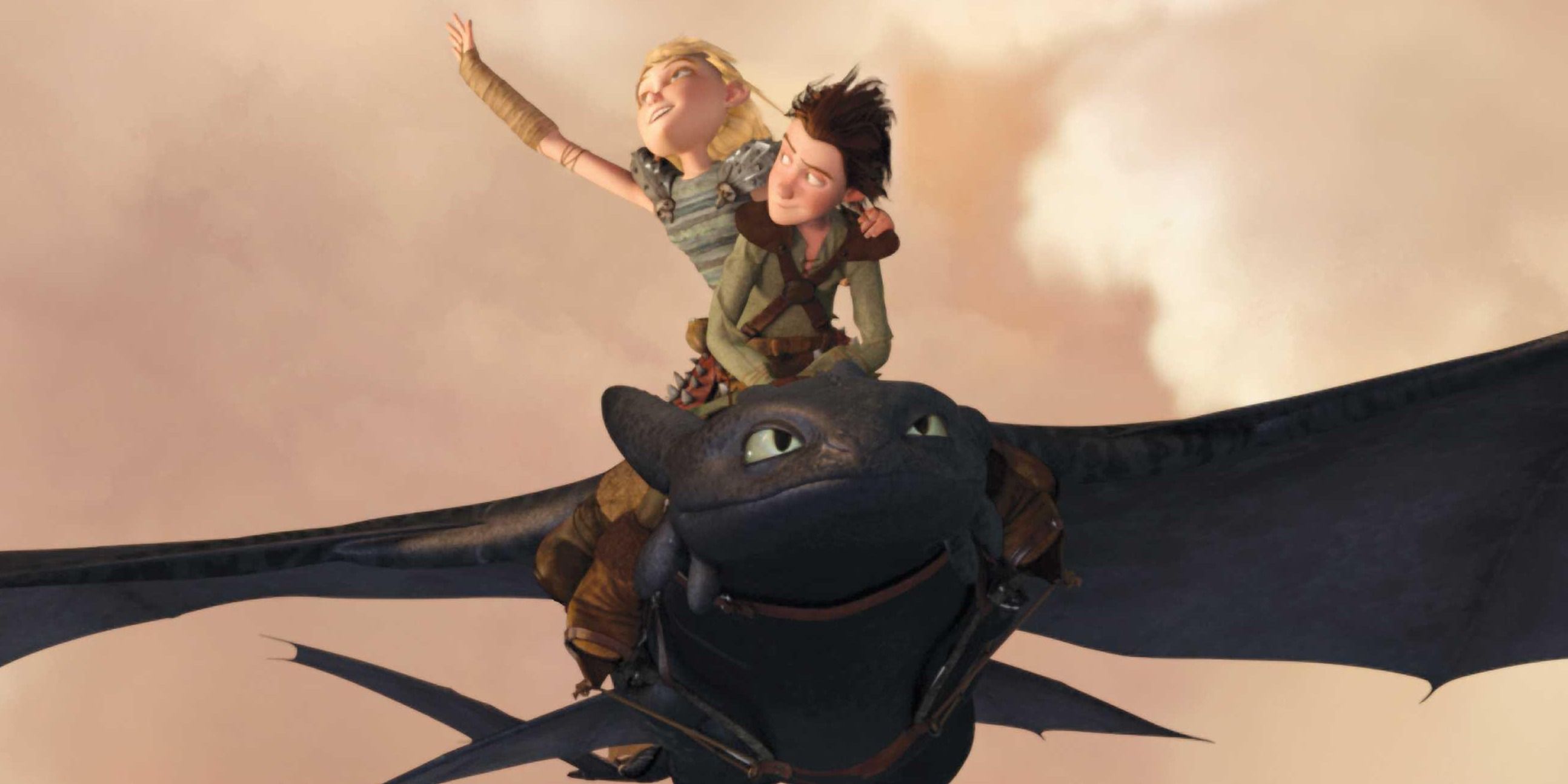 Astrid, Hiccup, and Toothless in How to Train Your Dragon.