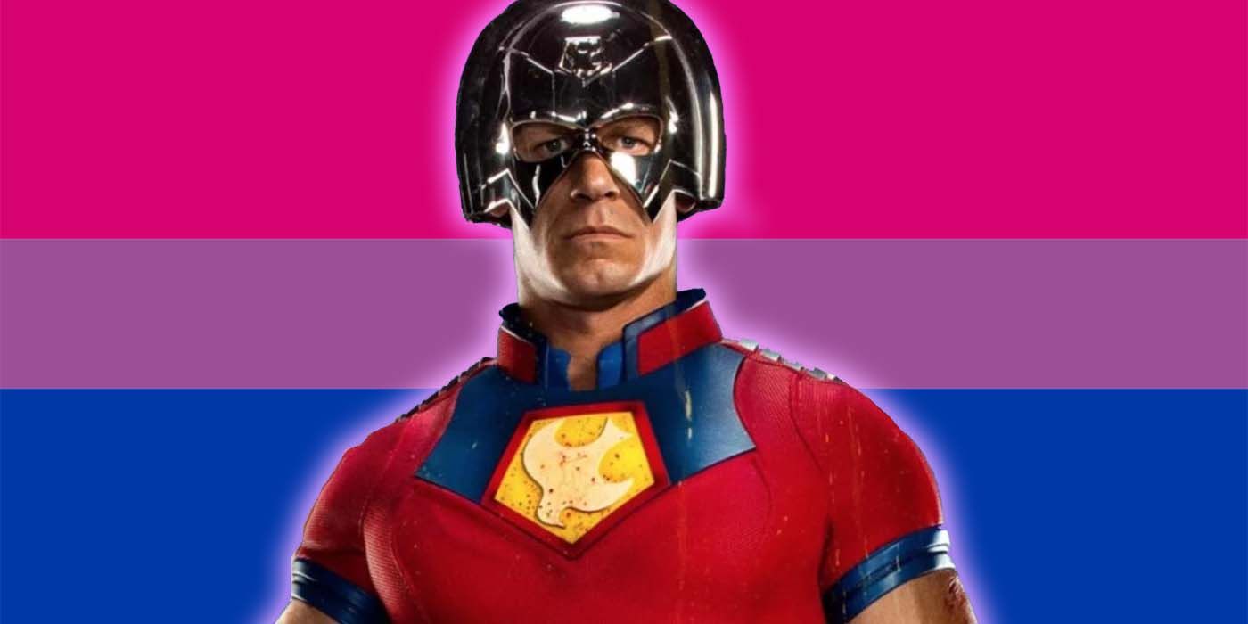 john cena as peacemaker in front of the bisexual pride flag