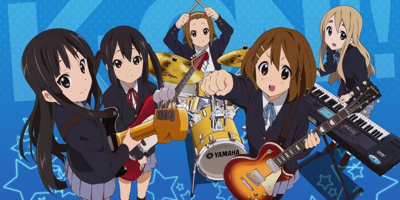 k-on anime girls playing guitar, drums, and keyboard