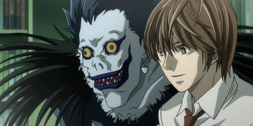 Light Yagami and Ryuk looking happy in Death Note