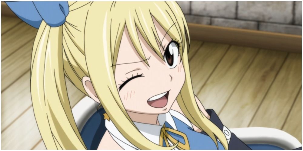 Lucy Heartfilia from Fairy Tail winking.