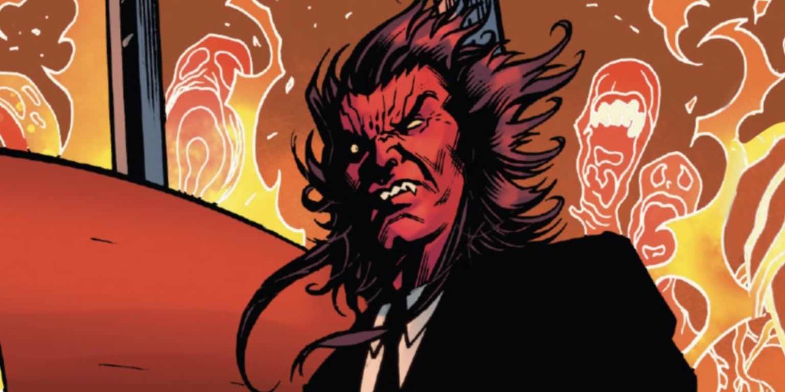 Mephisto snarling in a black suit in Marvel Comics