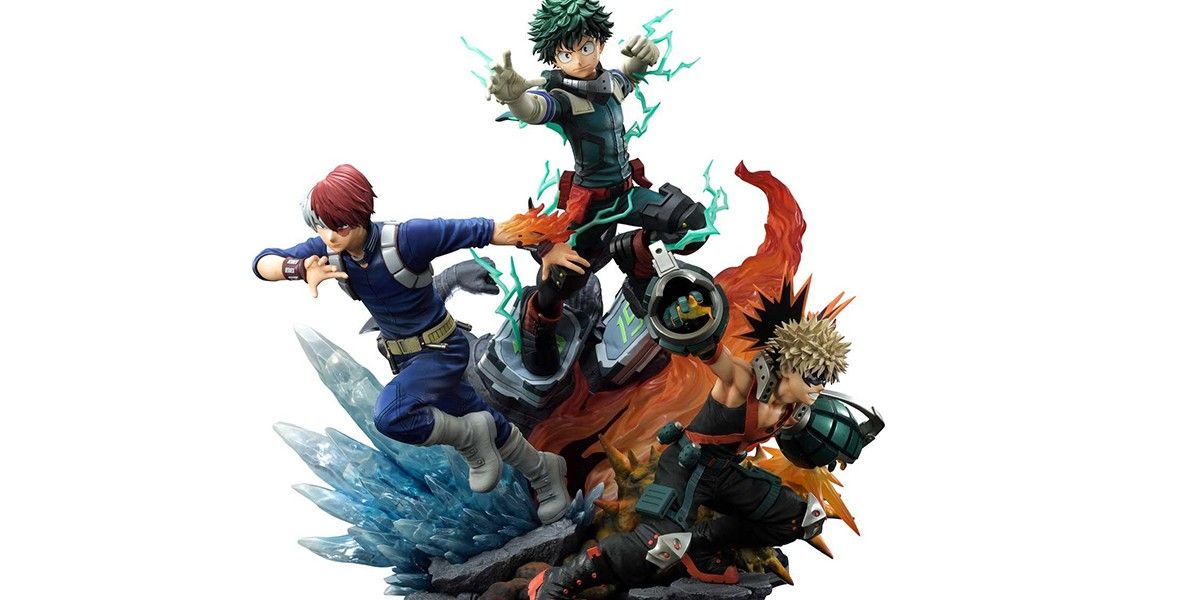 My Hero Academia statue featuring Todoroki, Bakugo, and Midoriya.