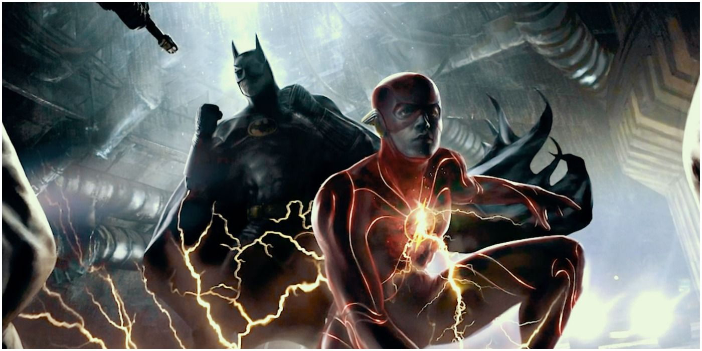 DC FanDome concept art for The Flash featuring Michael Keaton's Batman fighting alongside Ezra Miler's Barry Allen/Flash.