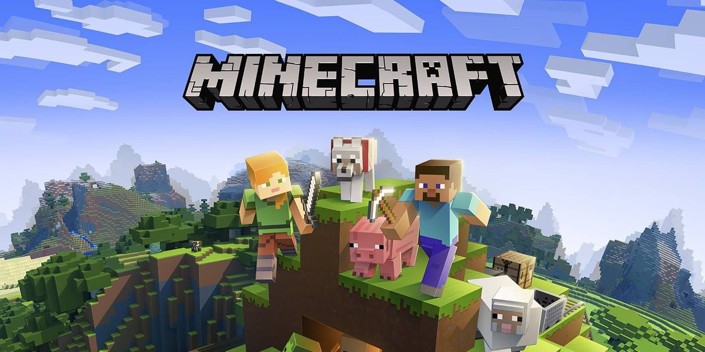Image of ‘Minecraft' title top-centre, above Minecraft Steve and Alex, a tamed wolf, pig, sheep, skeleton, creeper, zombie, and spider on grass hill.