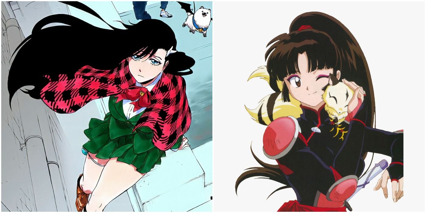 split image of noel from burn the witch and sango from inuyasha