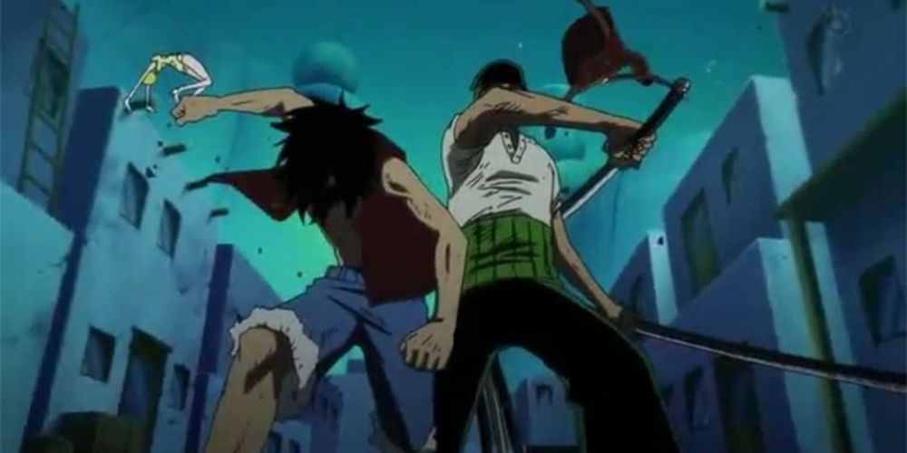 Straw Hat Luffy and Zoro Fighting at Whiskey Peak in One Piece