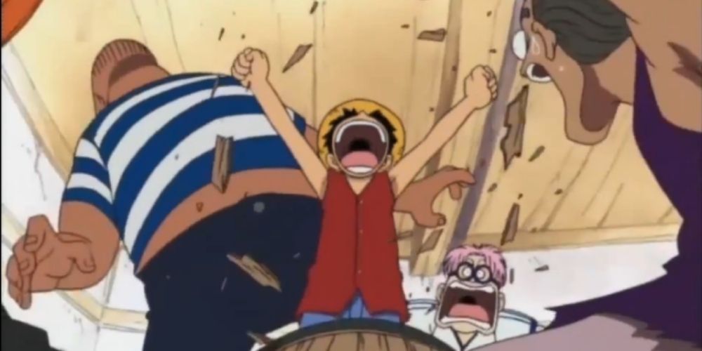 Straw Hat Luffy busting out of a barrel with Colby in shock in One Piece