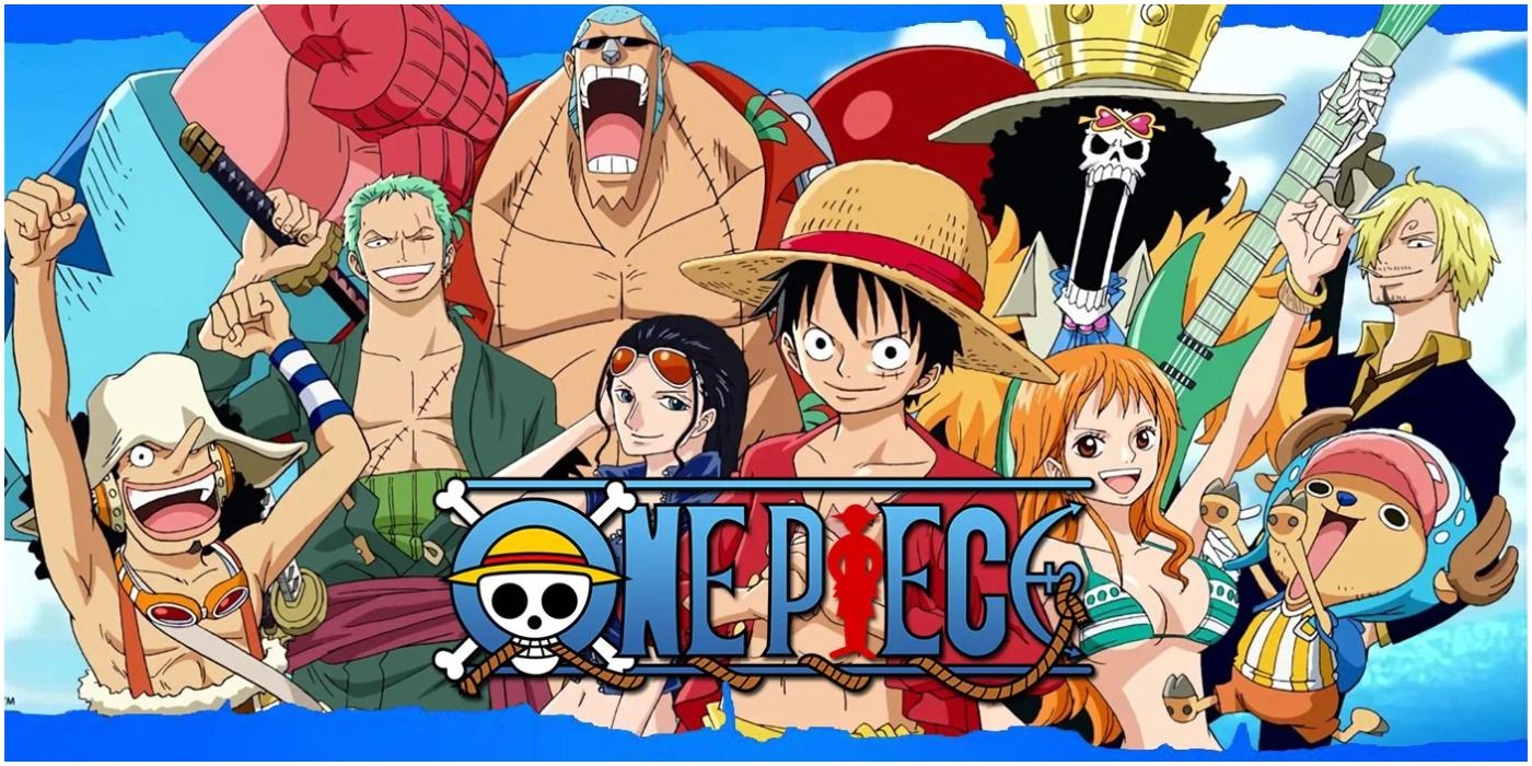 One Piece's Straw Hats pirates posing together with Luffy in the middle