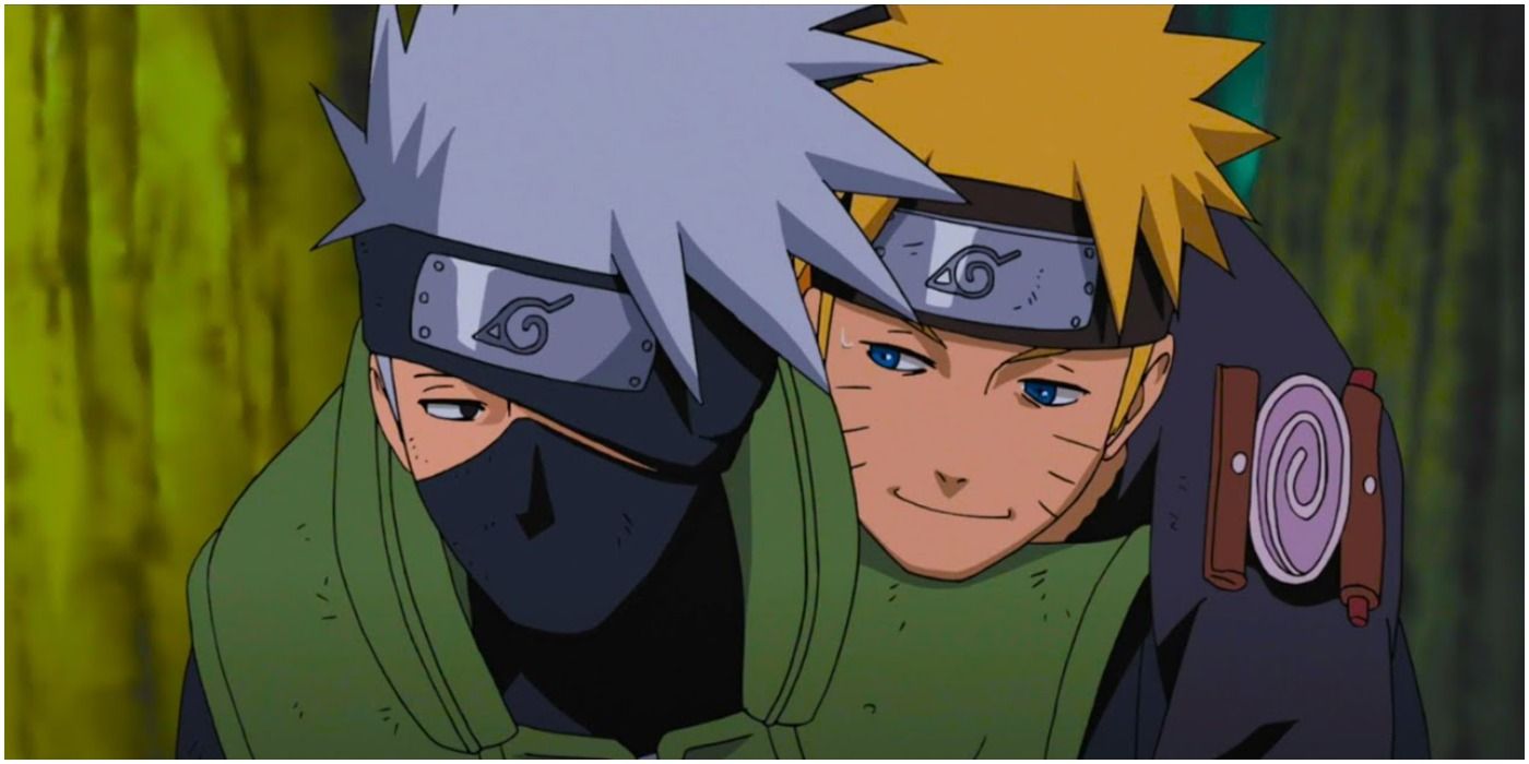 Kakashi carrying Naruto on his back, Naruto looks at him smiling